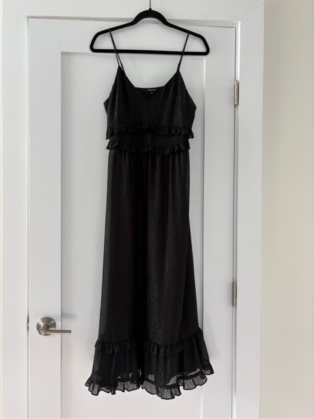 Madewell Black Shimmer Ruffle Cami Midi Dress Sz 4